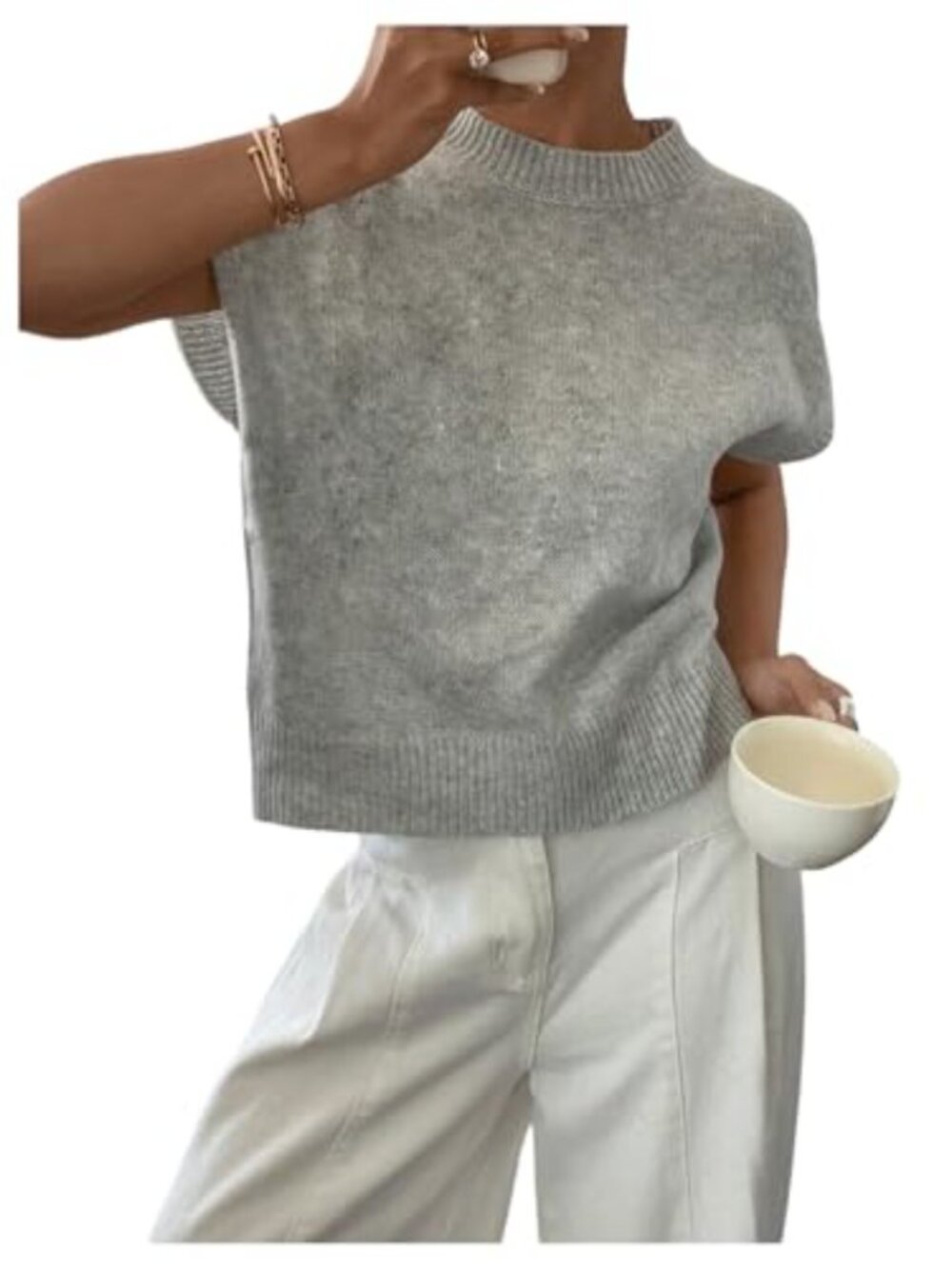 Ribbed Knit Sweater Vest Crew Neck Short Sleeve Pullover Casual Fall Top